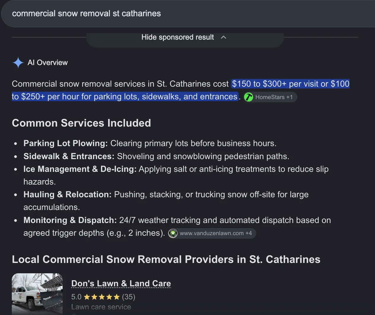 Google AI Overview for commercial snow removal St. Catharines, naming Don's Lawn & Land Care first among local providers