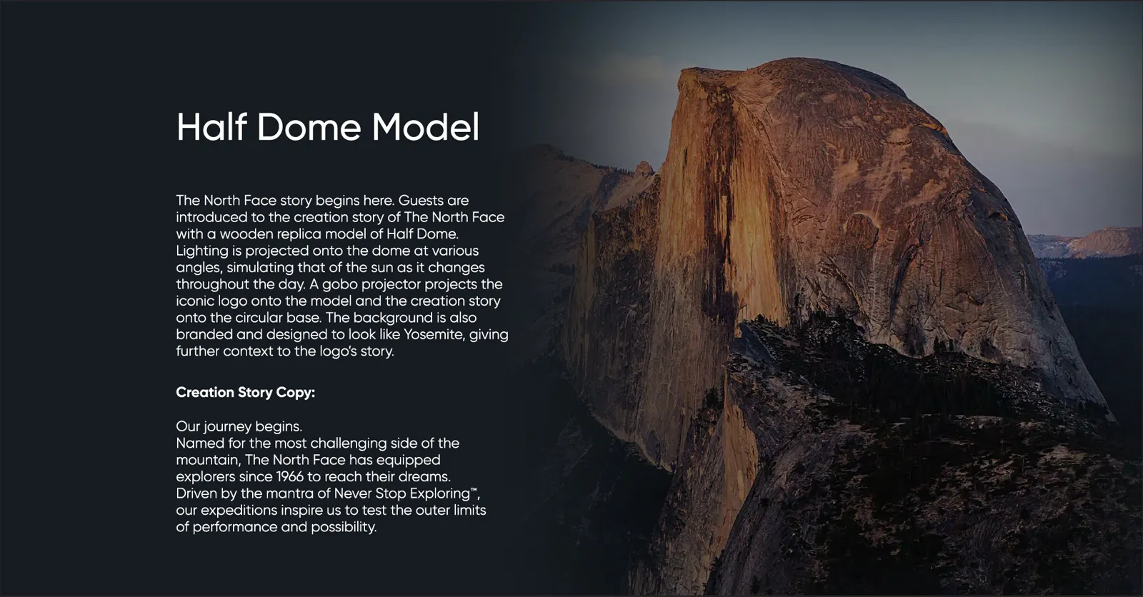 The projection-mapped Half Dome sculpture inside the Summit Club House